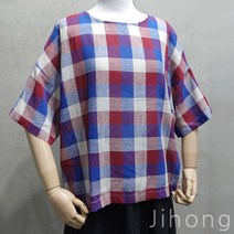 지홍 체크무늬 린넨 블라우스