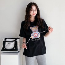 다올타임 국내제작 여성 반짝 곰돌이 끈티 반팔티셔츠