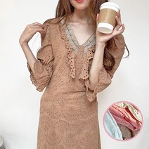 여성 여름 레이스 브이넥 펀칭 퍼프소매 일자핏 롱 원피스