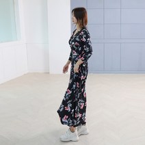 다이뻐 리틀깽스 빅사이즈 블랙 핑크 플라워 분위기있는 사계절 부드러운 저지 여신 롱랩원피스