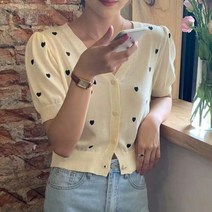 브이와이 여자 V넥 벌룬 반소매 크로쉐 하트 가디건