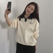 쉐얼유 여성 로고 배색 카라 기모 맨투맨