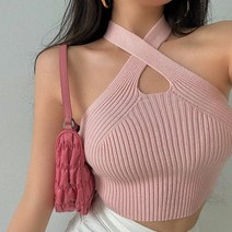 홀터넥 크롭 골지 나시 티셔츠 오프숄더 민소매 티셔츠