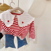 아짱 키즈여아 봄가을신상 스트라이프티 데님팬츠구성 빅카라레드하트데님팬츠세트