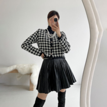 여성 데일리 하운드 체크 트위드 자켓 크롭 가디건