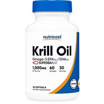 뉴트리코스트 크릴오일 1000mg 60소프트젤 - 오메가3 EPA DHA 슈퍼바크릴 함유, 60 카운트(1팩), 2kg, 60 카운트(1팩)