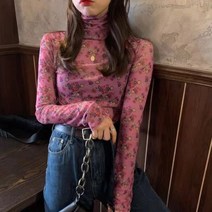 모노위크 당일배송 1+1 샤추 터틀넥 플라워 프린트 쉬폰 블라우스