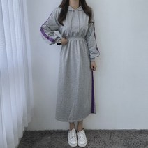 VANANA2 배색 라인 허리밴딩 퍼프 후드 롱 원피스 2color