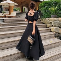 햅번스타일 스퀘어 백리본 비치 바캉스룩 벌룸 어깨 허니문 프렌치 롱원피스여름 휴가 해변