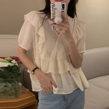 우아한블라우스 Kimotimo V 넥 스티치 프릴 셔츠 여름 루스 퍼프 슬리브 여성용 탑 세련된 스위트 4837044576