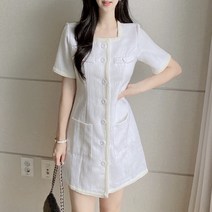 비비미미 하객룩 트위드 스퀘어넥 버튼 포켓 반팔 원피스 결혼식 상견례 피로연 돌잔치 여름