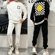 [SET]가능 프리미엄 특양면 체크 보드 스마일 나염 프린팅 빅사이즈 오버핏 박스 맨투맨 스웻 조거 팬츠 트레이닝 세트 셋업