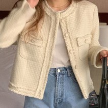 양털 롱코트 한국어 세련된 프랑스 스타일 우아한 라운드 넥 세련된 싱글 브레스트 더블 포켓 루즈 올 매치 긴팔 트위드 숏 코트