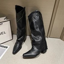 여성용 슬립 온 카우걸 부츠 우아한 스퀘어 로우 힐 롱 부츠 여성용 겨울 신발 패션