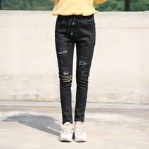 동대문스타일 여자청바지 S~XL 빈티지 덧댐구제 스판 밴딩청바지 슬림일자핏 여성 블랙진