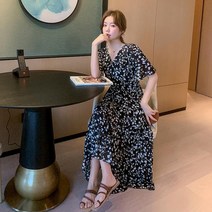 빅사이즈여성 봄 여름 플라워원피스 꽃무늬 쉬폰 블랙 브이넥 원피스