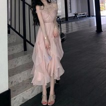 탑보그 러블리 프릴 오프 레이스 쉬폰 나시 롱 원피스