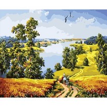 유쾌한컴퍼니 DIY 쉬운 명화 유화 그리기 세트 중형 40x50 + 중형이젤, A-103 시골 풍경+중형이젤