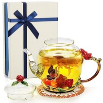 YOUEON 로즈 플라워와 골드 엣지가 있는 283.5g10온스 꽃무늬 유리 찻주전자 선물 상자 포함 내열성 에나멜 블루밍 티용 여과기가 투명 잎차 어머니의 날 USA 미국