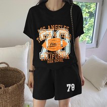 네온 포인트 반바지 세트 오버핏 롱티 빅사이즈 상하의세트 여름운동복 여성용 밴딩팬츠