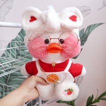 PKTOYS소녀 마음 큐티 손베개이 볼빵빵 오리 명절 메신저 선물크 리스마스 여자친구 선물 메신저, 화이트 하트 헤어 벨트 레드 티셔츠 화이트 벨트 바지, 파우더 오리 30cm