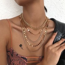 14K 팔찌 금 볼드 체인 여자 데일리 과장된 다층 스팽글 펜던트 목걸이 여성 빈티지 펑크 기하학 헤비 메탈 초커 술 넥 쥬얼리