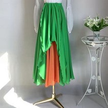 라인 롱 스커트 플레어 청 치마 여성 하이 웨이스트 퓨어 컬러 투컬러 포지티브 리버스 양면 드레스 쉬폰 비치 042