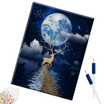 SHEXIU 3D 원형 보석십자수 캔버스액자 DIY 키트 50 x 40 cm, SX133  달 아래의 사슴x1세트
