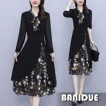 [바니드] 중년여성 꽃무늬 쉬폰 우아한 페이크투피스 럭셔리 봄가을 원피스 0565