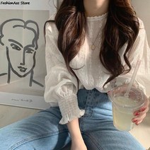 레니본블라우스 자수 레이스 셔츠 플러스 사이즈 봄 여성 긴 소매 린넨 코튼 걸스 블라우스 팜므 캐주얼