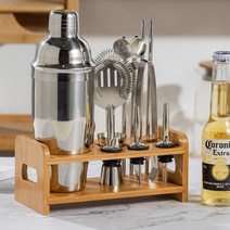 칵테일 메이킹 올인원 세트 12종 조주기능사 칵테일 쉐이커 혼술 홈바, 나무 스탠드 포함 13종 세트
