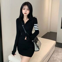 YAMAGA 봄 스키니 후드 긴 소매 드레스