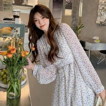 코디피셜 레이스 브이네크 잔꽃 긴팔 롱원피스