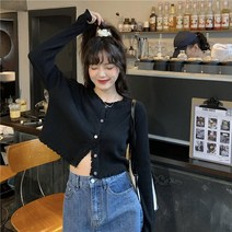 에어매쉬 니트가디건 여성 가을 디자인감각 보이핏 볼륨 이너와 아우터 숏 시크 특이한 걸스 티셔츠