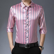 남자실크셔츠 남성용 실크 스트라이프 긴팔 중년 셔츠 부드럽고 반짝이는 새틴 탑스