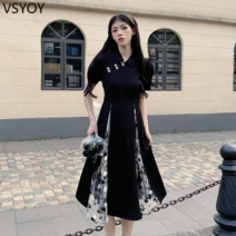 vsyoy 개선 된 cheongsam 스티칭 드레스 여성의 여름 기질 복고풍 긴 치마 틈새 디자인 세련된 허리 스커트