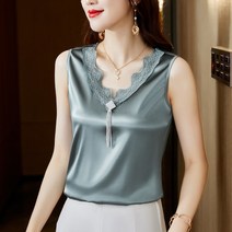 레이스끈나시 여성 안 코디 셋업 봄 여름옷 초산 새틴 이너 태슬 브이넥 민소매 상의 3956298700