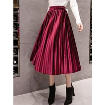 가을 겨울 벨벳 스커트 하이 웨이스트 스키니 대형 스윙 롱 플리츠 스커트 메탈릭 미디 사이 아