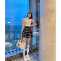 민소매 나시 체크 무늬 플리츠 스커트 투피스 원피스