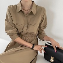 빅사이즈 55-77 카라 허리 스트링 스판 롱 셔츠 원피스 3040룩 A라인 모녀룩