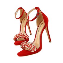 ANKRIC 구두 연회 여성 신발 파인 힐 슈퍼 하이힐 워터 플랫폼 스웨이드 펄 라인스톤 벨트 샌들