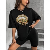 봄 여름 SHEIN EZwear 립 & 호피 무늬 프린트 드롭 숄더 티 헬스 반바지305739