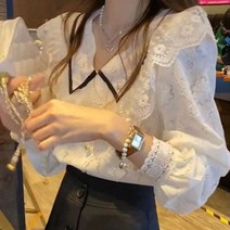리더스타 1-O-053 여성블라우스 여성셔츠 긴팔블라우스 루비 배색 카라 진주 레이스 블라우스