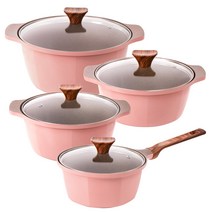 캡스톤 글램레트로 냄비세트 편수 18cm +양수 20cm + 22cm + 24cm 핑크 가스용 냄비추천, 가스용 18편수+20양수+22양수+24양수