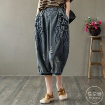도오빠 여성 밴딩 청바지 7부 루즈핏 와이드 데님 진 자수 디스트로이드 봄 여름 중년 40대 50대 여자바지