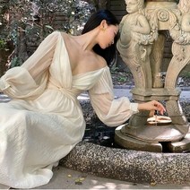 빈티지 V 넥 플리츠 맥시 드레스 여성용 파티 드리 워진 레이스 퍼프 슬리브 프릴 레이디 여름