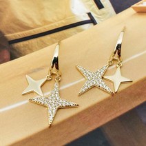 14K GP 큐빅 별 스타 드롭 은침 귀걸이