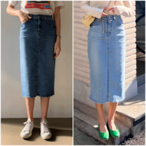 7부 뒷트임 데님 스커트 H라인 스판 밴딩 여름 청치마