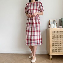 체크 패턴 디자인 롱 원피스 반팔 2컬러 10대 오버핏