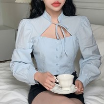 레이스 오픈 리본 셔츠 퍼프 소매 쉬폰 블라우스 프렌치 명품 스타일 20 30 40 대 데이트룩 일상 데일리